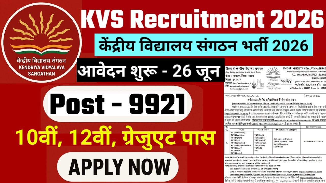 KVS Recruitment 2026 | New Vacancy 2026, KVS Teacher Vacancy 2026, Primary Teacher Recruitment 2026