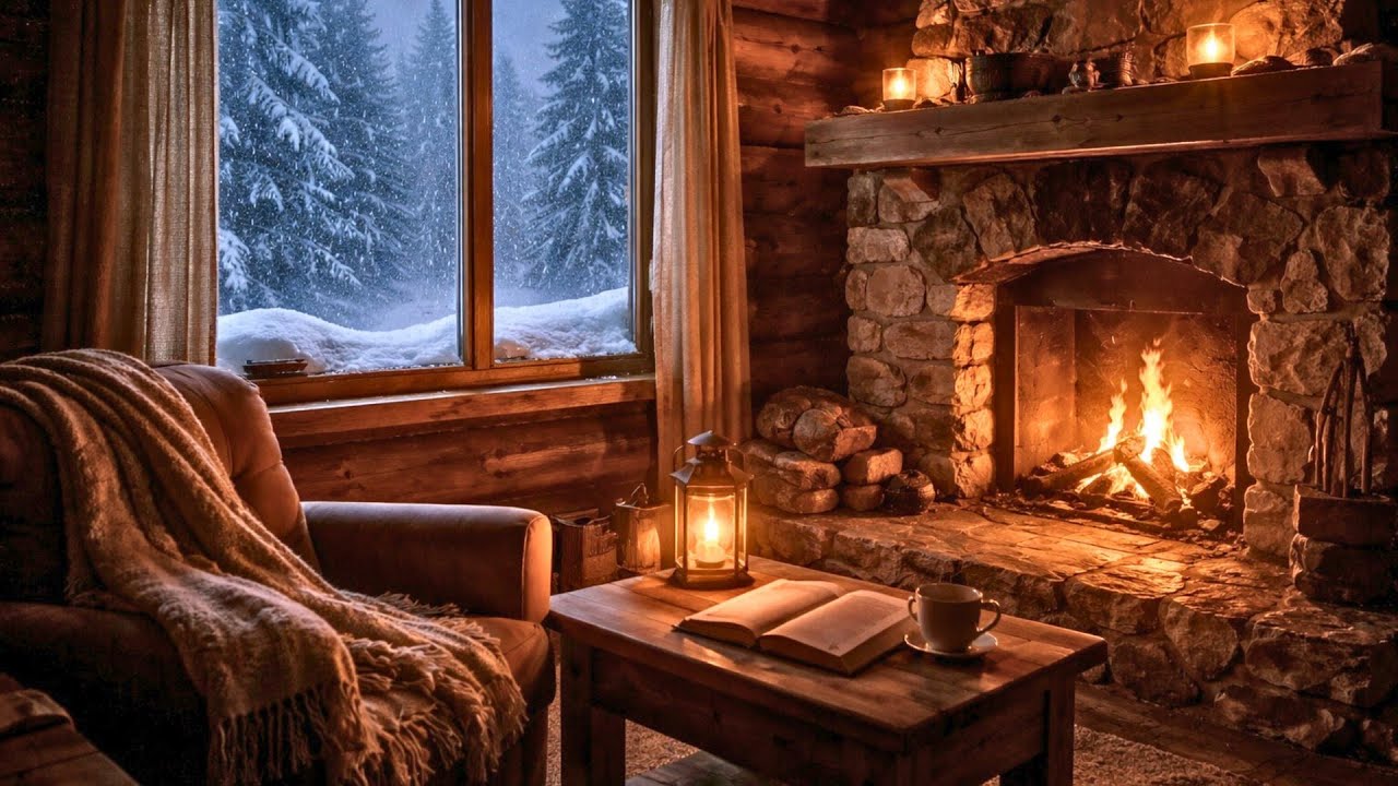 Quiet Firelight In A Winter Cabin For Reading and Focus