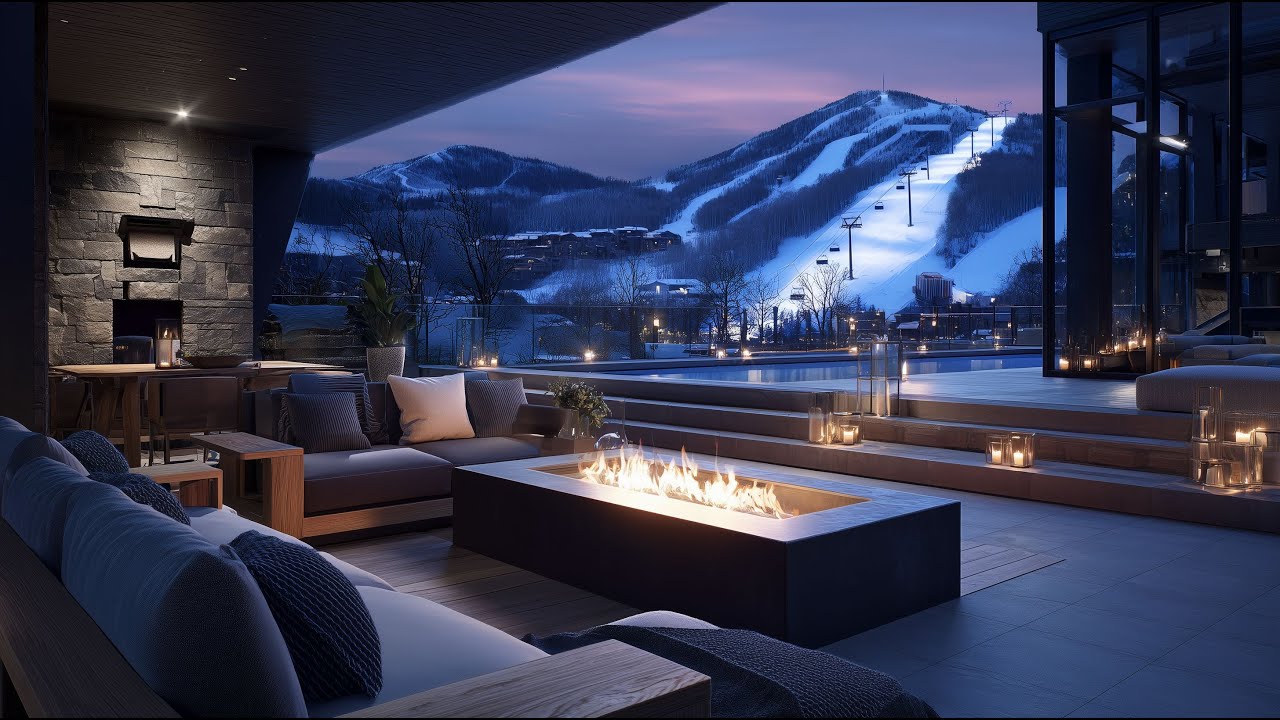 Ski Resort Patio Retreat ❄️ Luxury Mountain Fireplace Ambience | Snowfall & Crackling Fire