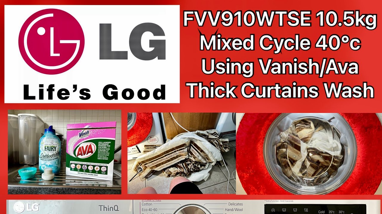 LG F4V910WTSE 10.5kg, Mix Cycle 40°c Using Ava/Vanish, Thick Curtains Wash Part 1