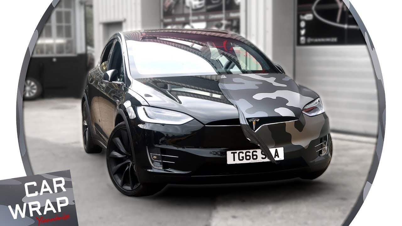 Black Tesla Model X wrapped Satin Black with Marbek Style Grey Camo