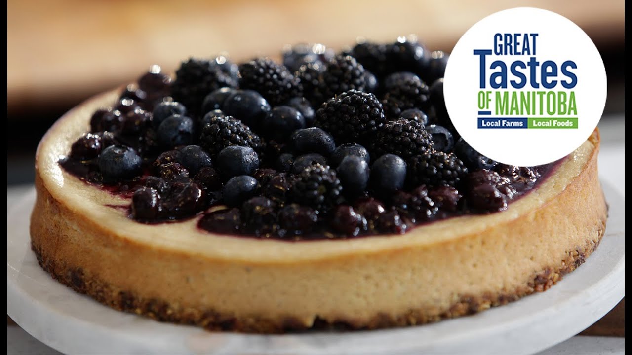 Learn how to make a vegan dessert - Oat Crusted Chickpea Cheesecake with Saskatoon Berry Glaze