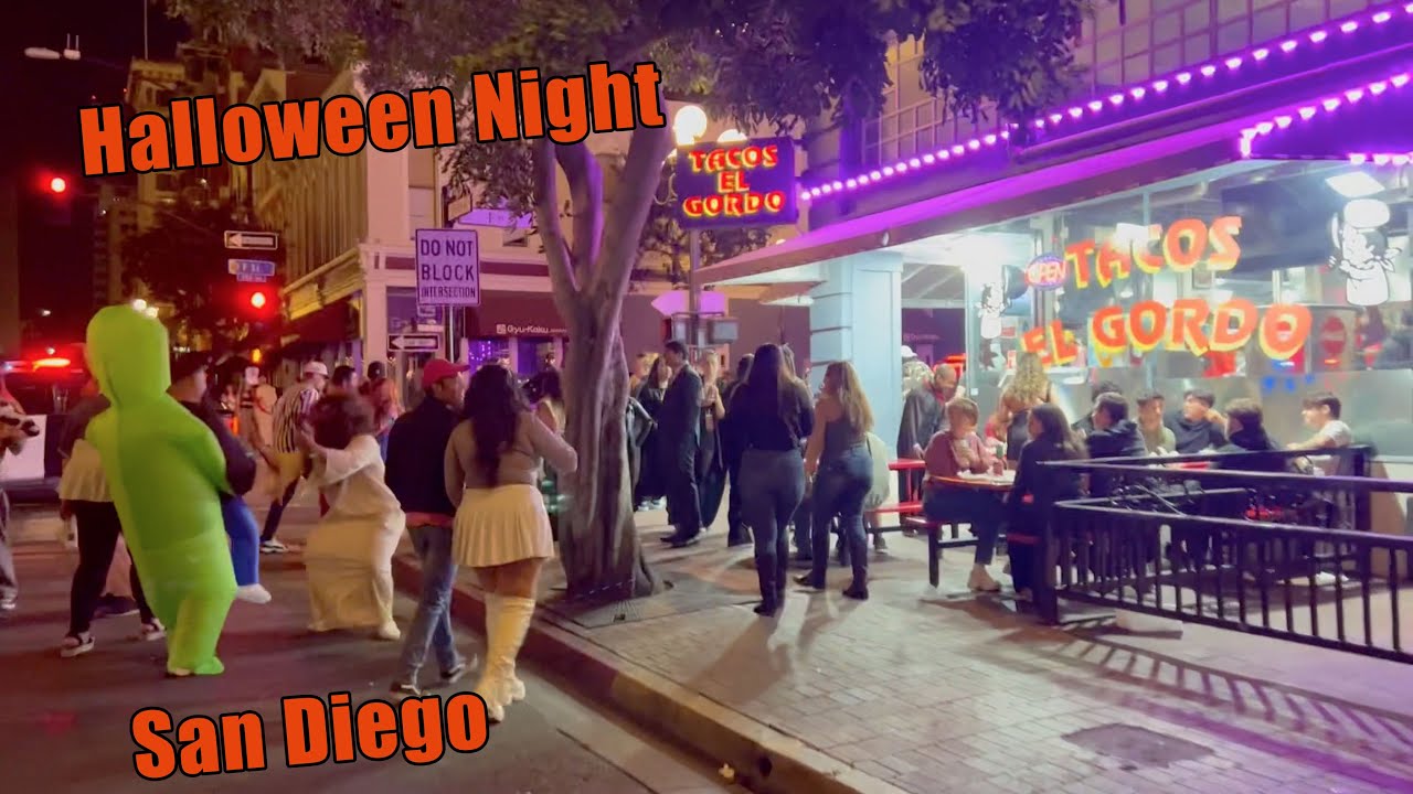 Walking Around Halloween Night at the Gaslamp Quarter in San Diego at Midnight