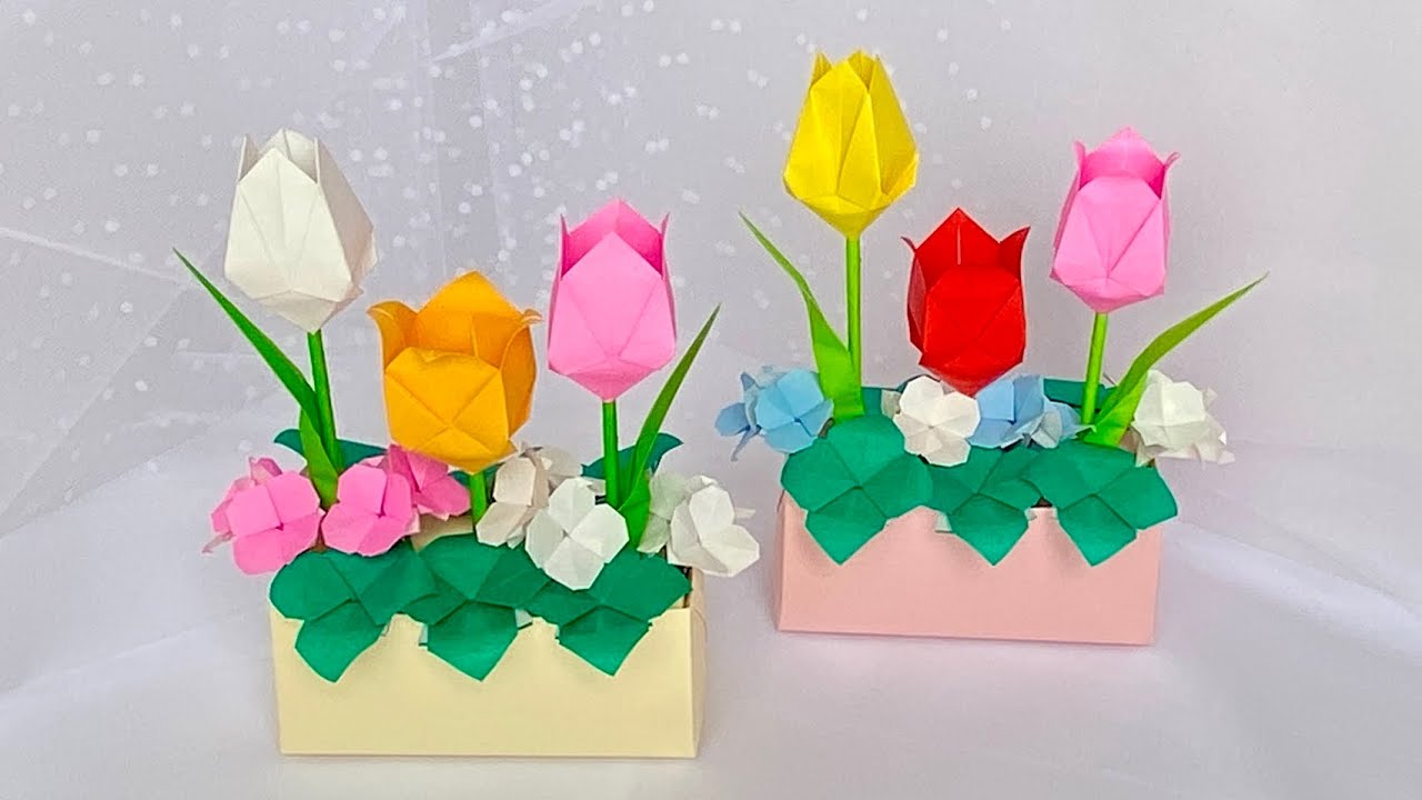 【折り紙】チューリップのパラレルアレンジメントの作り方／【Origami】Parallel arrangement of tulips  How to make it