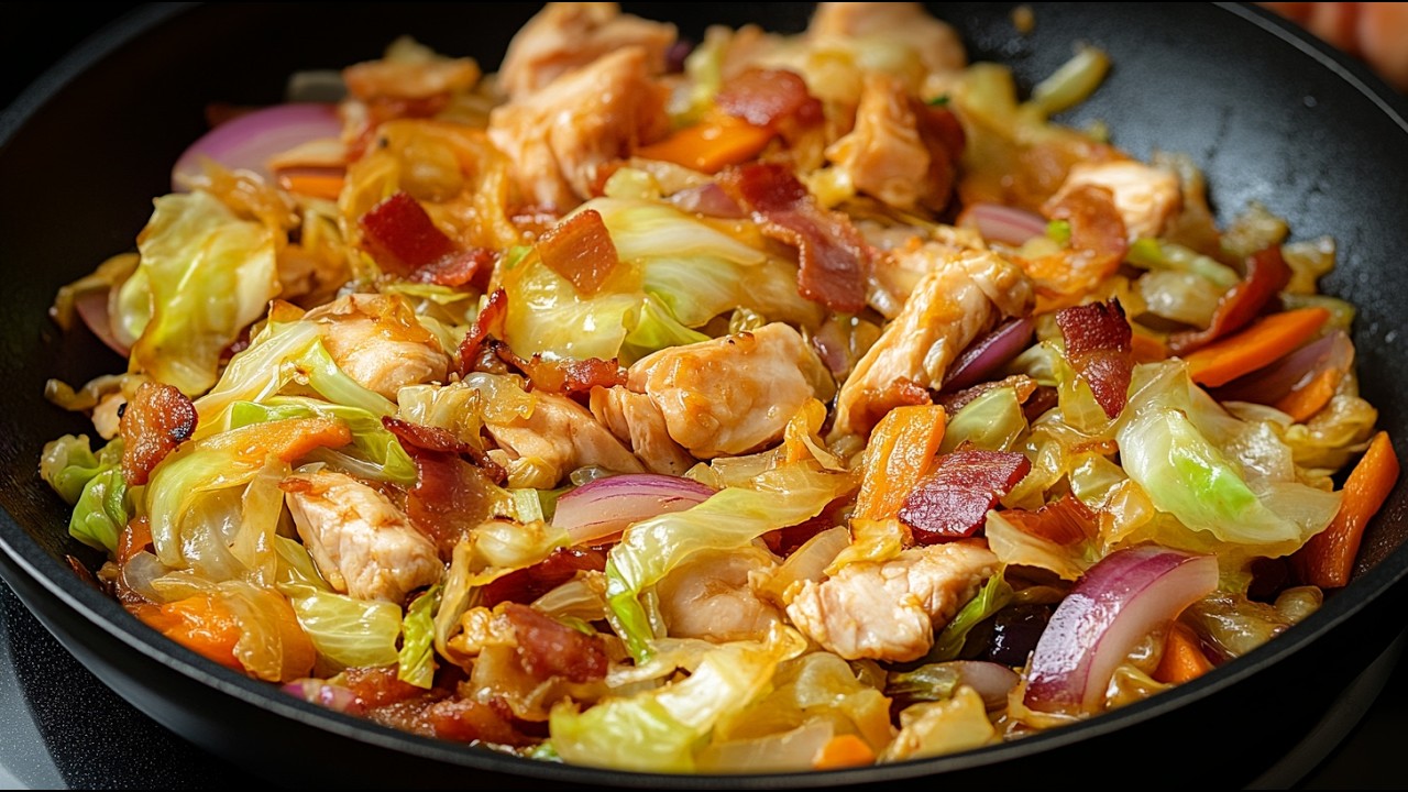 Жареная капуста с курицей и беконом так вкусна! Простой рецепт ужина для всей семьи.