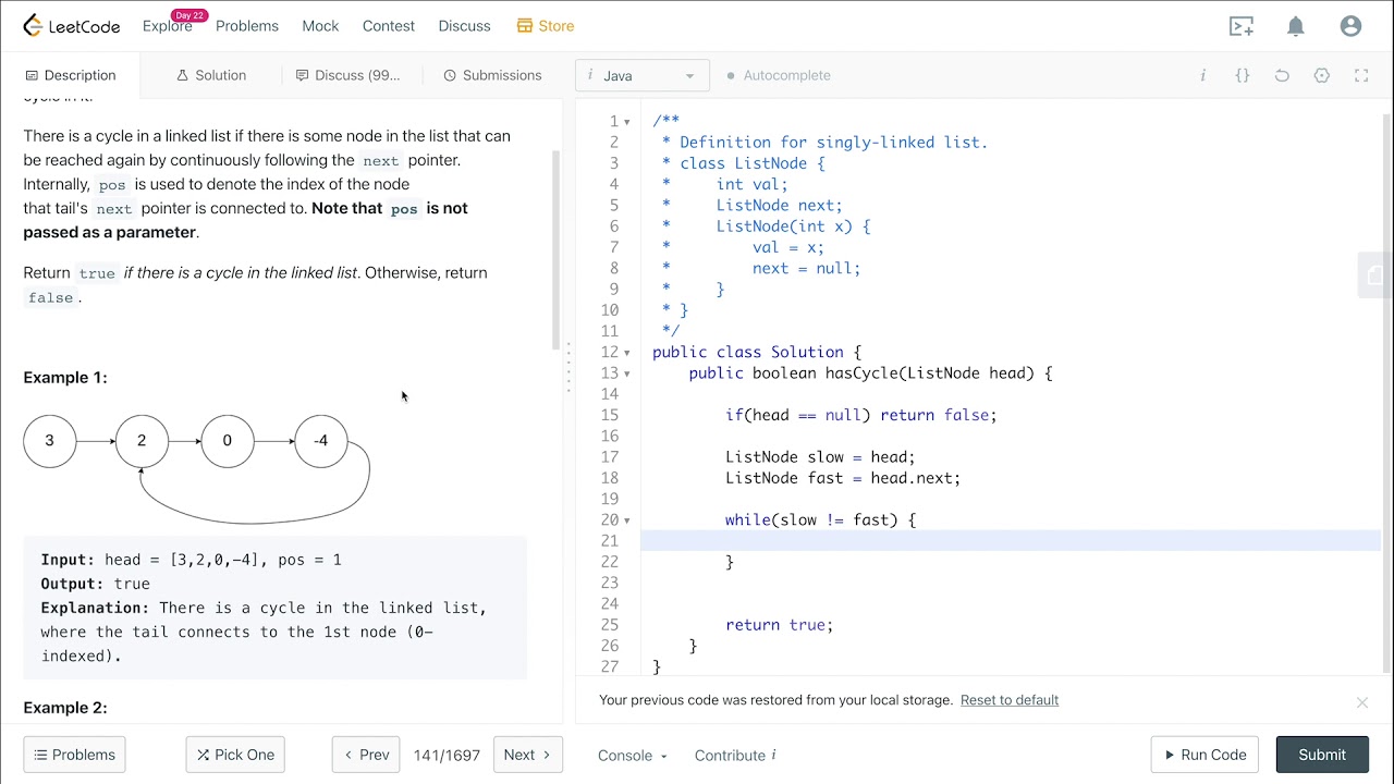 [Решение на Java] 141. Linked List Cycle. LeetCode задача для Amazon, Microsoft, Apple, Facebook...