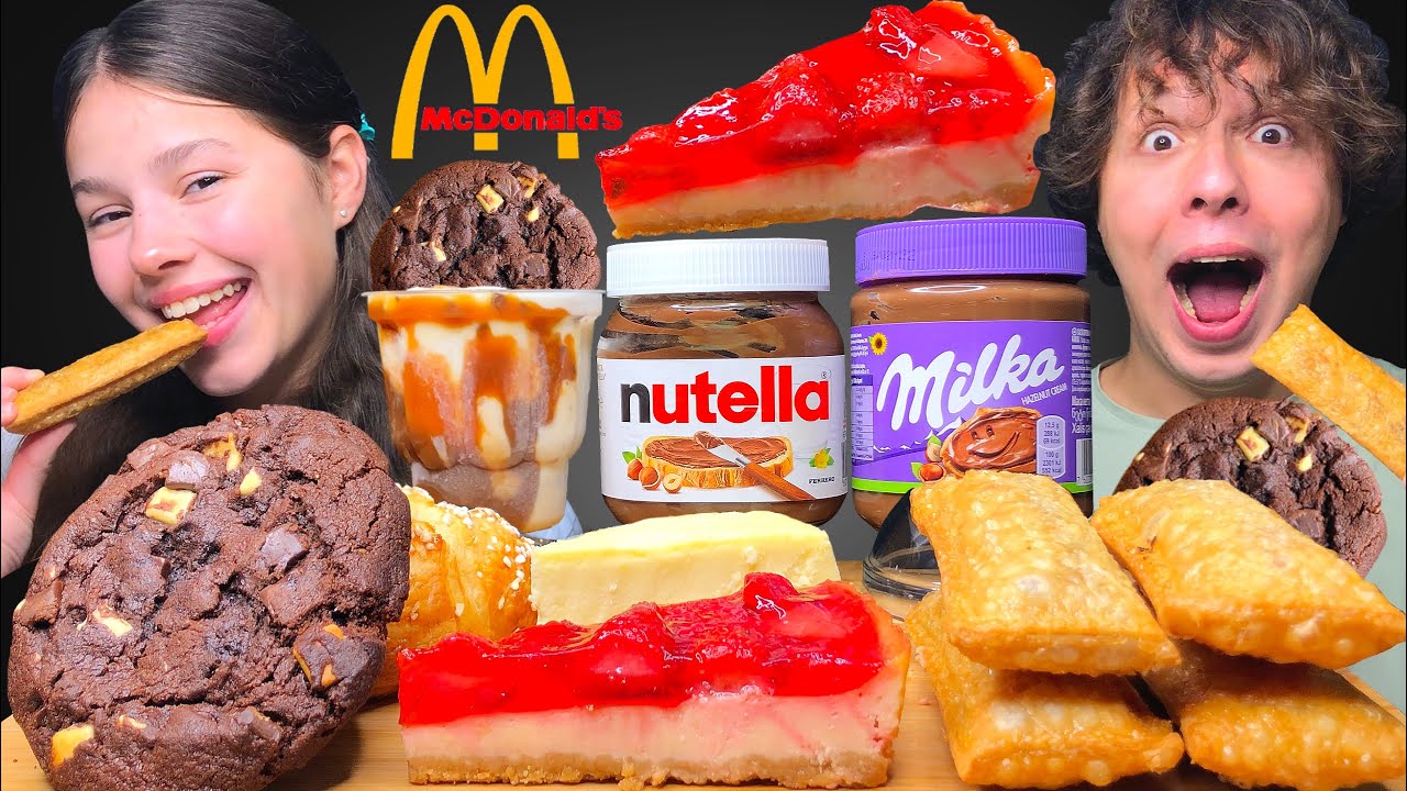 ASMR MCDONALDS DESSERTS! NUTELLA, MILKA, CAKE, CHOCOLATE COOKIES, CHERRY PIE EATING SOUNDS MUKBANG