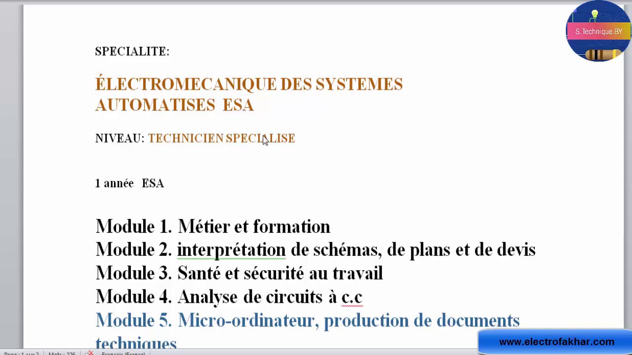 les modules  1ère année ESA ,TS électromecanique des systemes automatisés