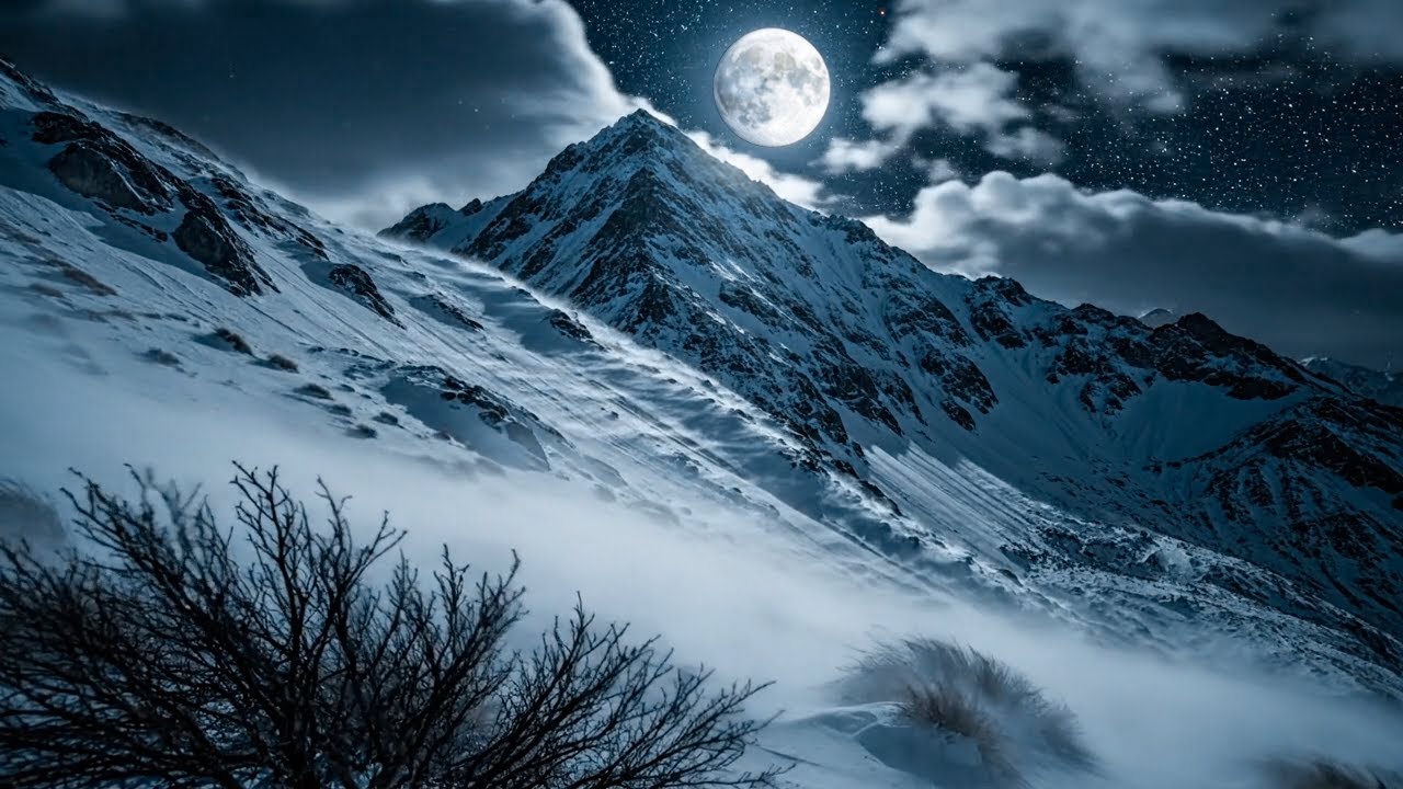 Noite Fria na Montanha à Luz da Lua — Som de Vento e Neve • 8h ASMR Natural!