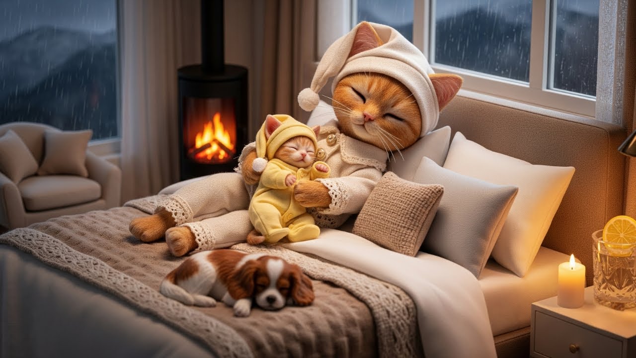 🌙 1 Hour Mama Cat Purring: Piano, Rainstorm & Fireplace for Deep Sleep