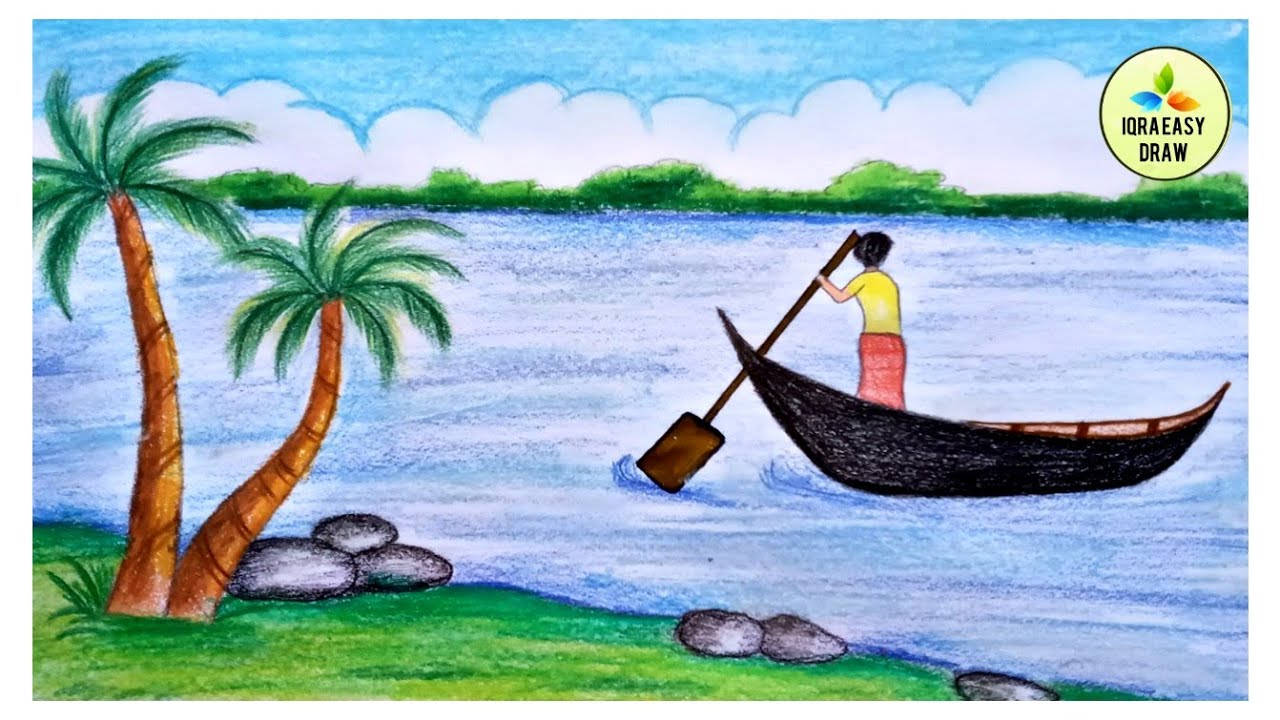 How to Draw Easy Boat Scenery | Beautiful Riverside Landscape scenery with Oil pastel step by step