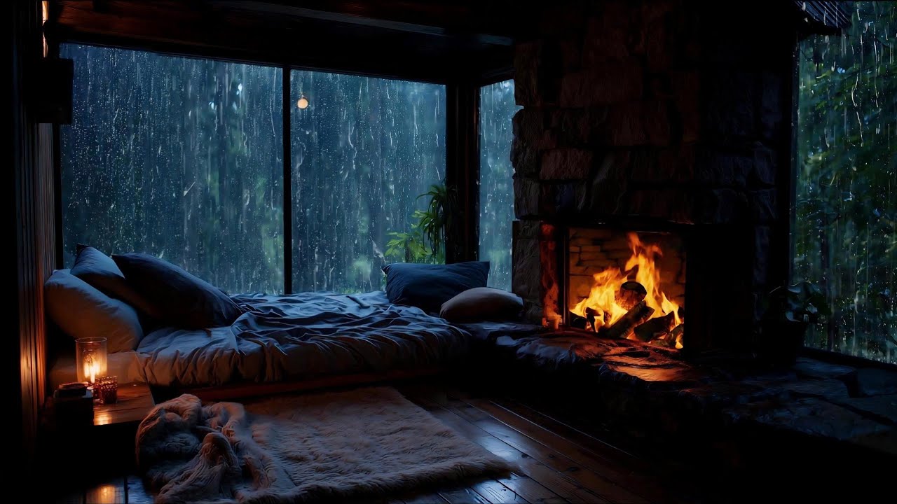 Sound of Heavy Rain with Fireplace & Soft Thunder | Relax & Sleep