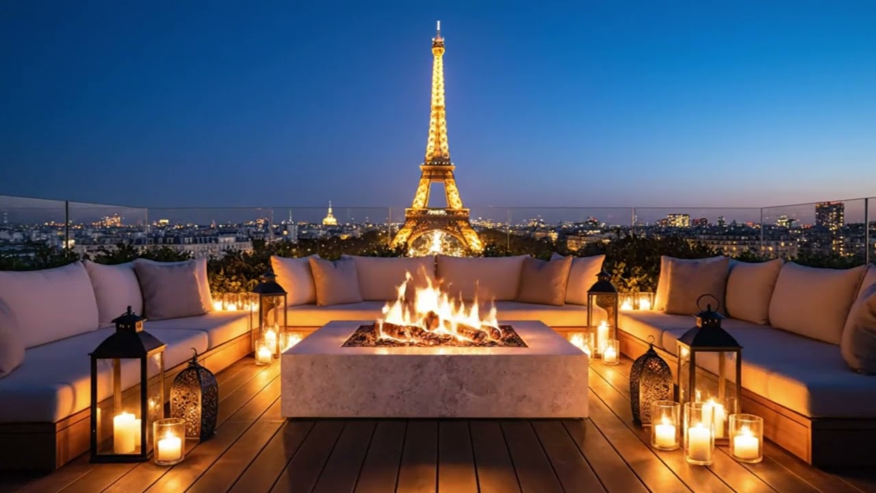 Paris Rooftop Fireplace ❤️ Romantic Music & Cozy Night Ambience