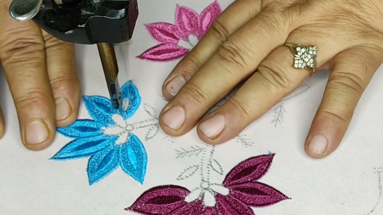 Multicolour flower cutwork design with machine embroidery