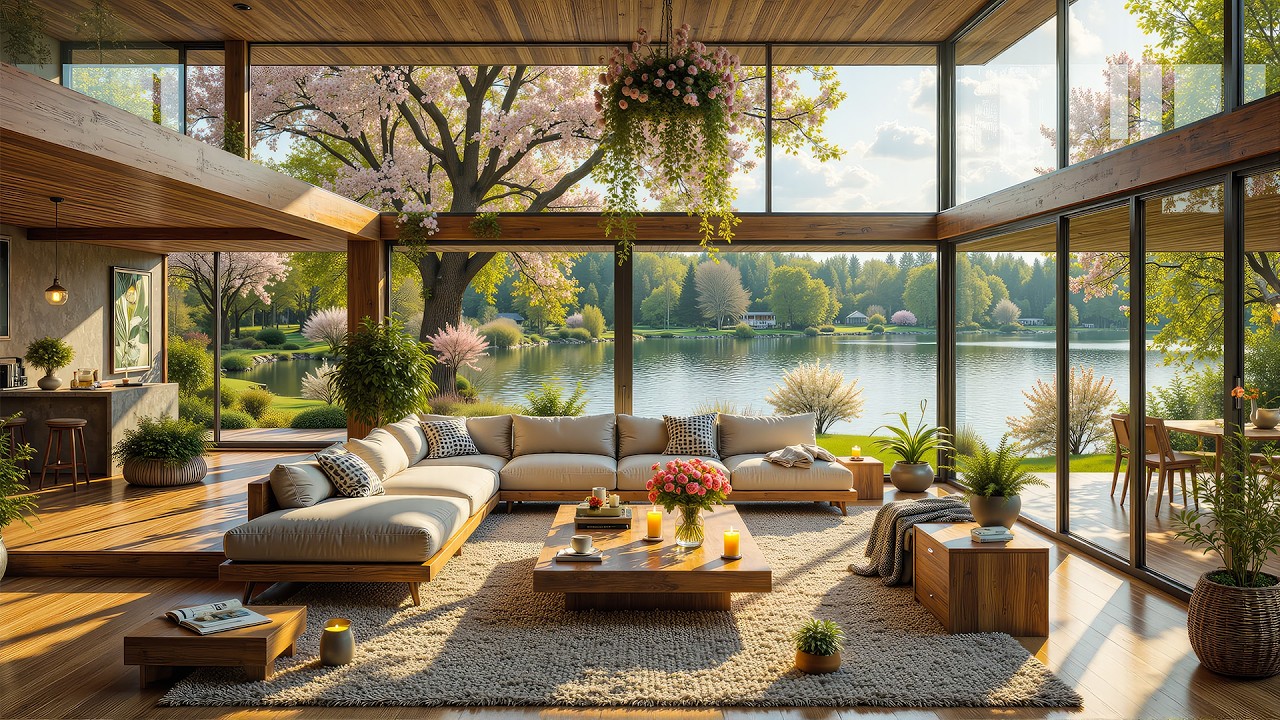 Tranquil Lakeside Living Room Jazz 🌸 Warm Spring Morning Ambience for Study & Relaxation