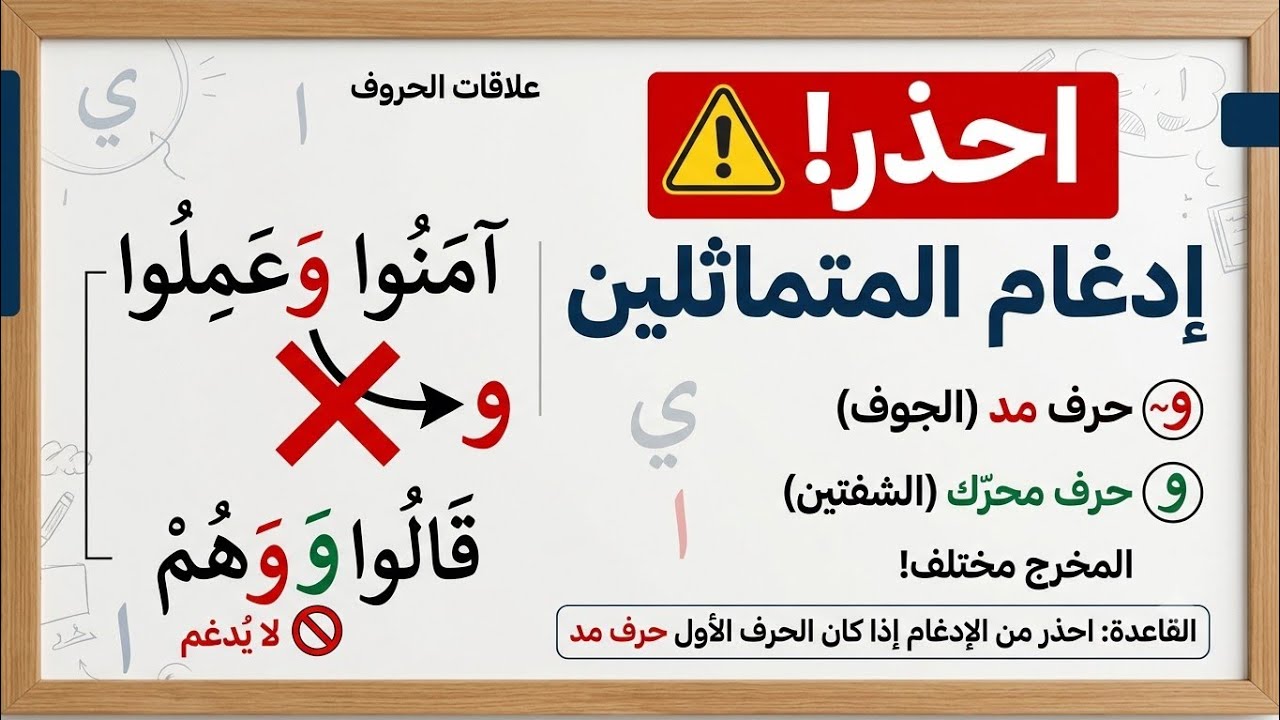 علاقات الحروف(احذري من إدغام للمتماثلين إذا كان الأول حرف مد)