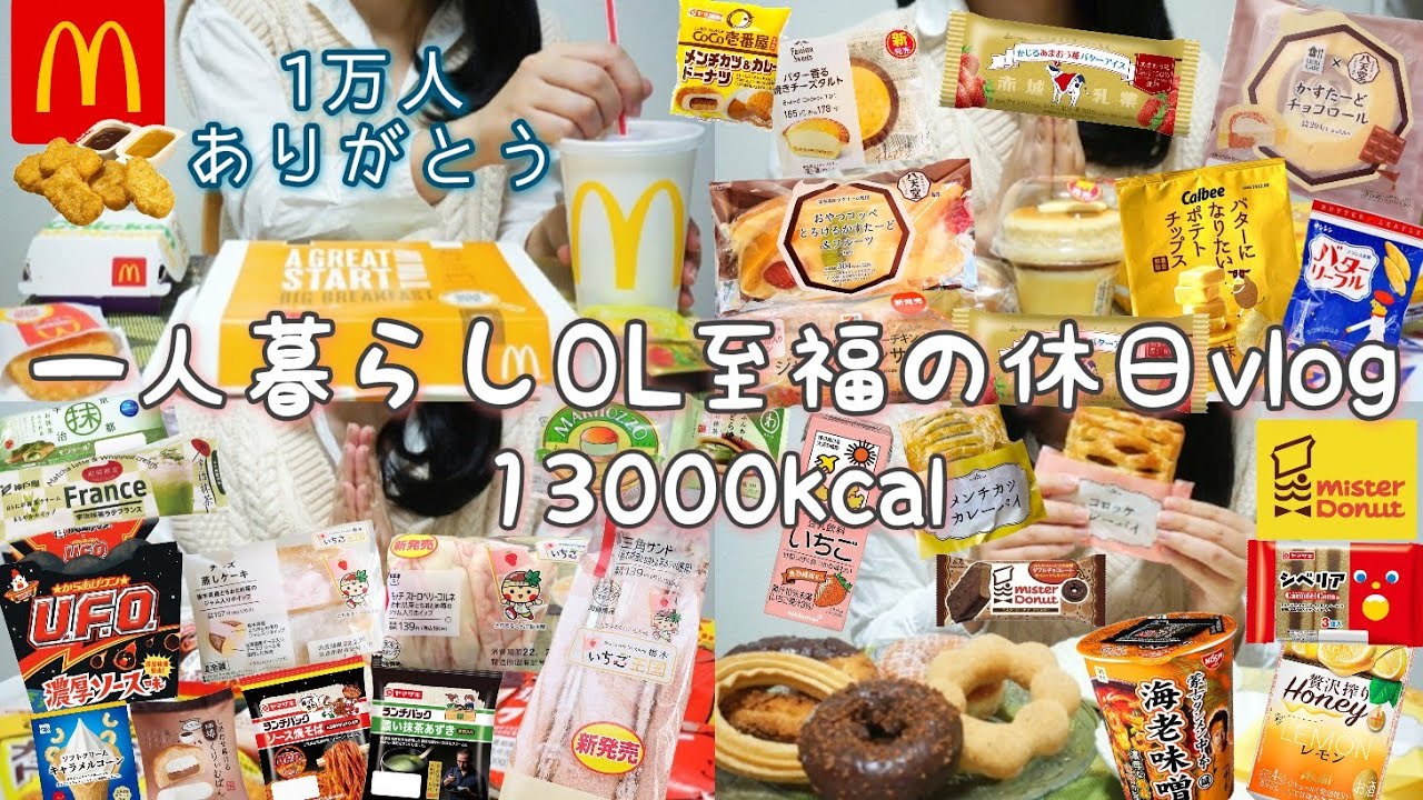 [爆食vlog]ミスド・菓子パン・スイーツ食べまくり隊/朝マックデビュー[モッパン/大食い/コンビニ新商品/ぼっち飯]