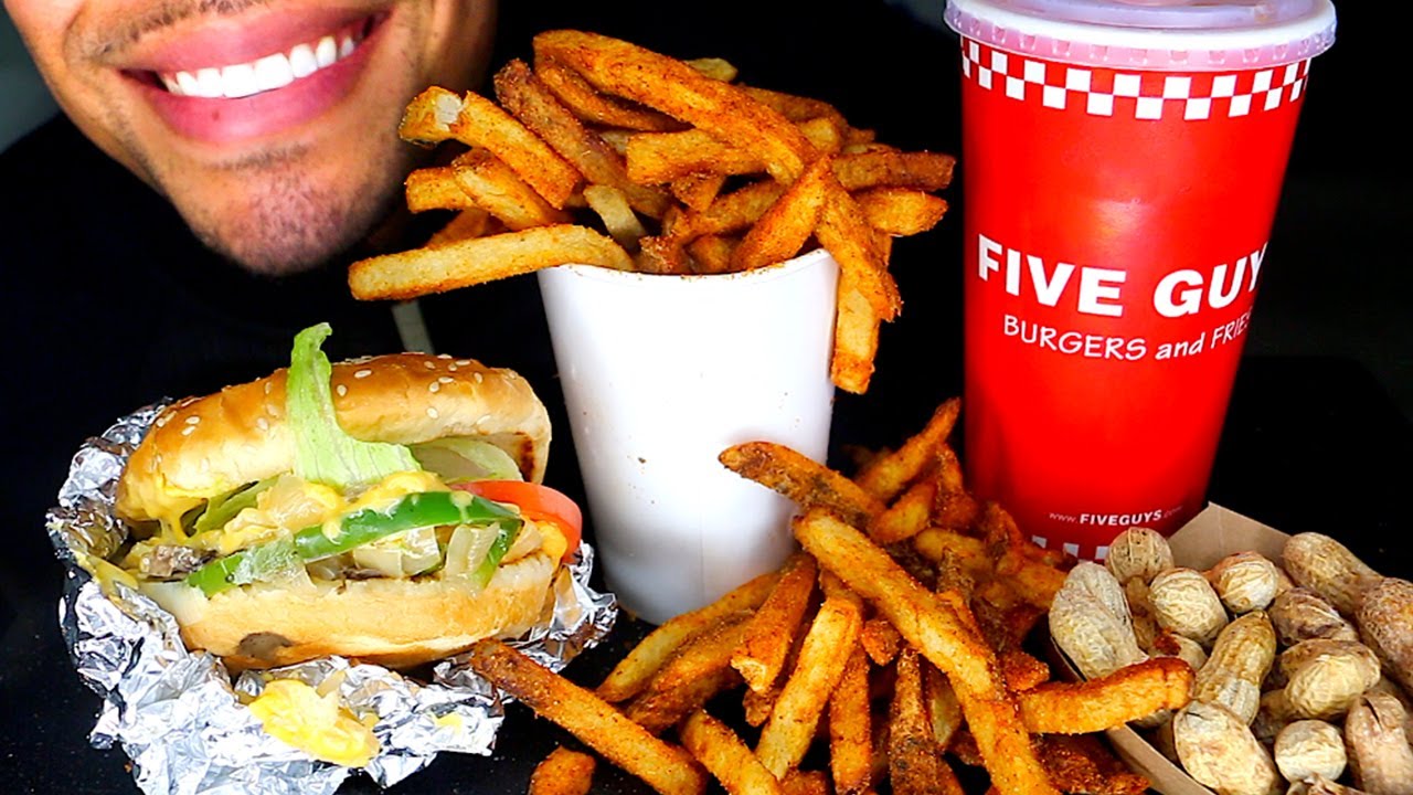 ASMR FIVE GUYS BURGERS & FRIES MUKBANG EATING SHOW NO TALKING BIG BITES SOUNDS
