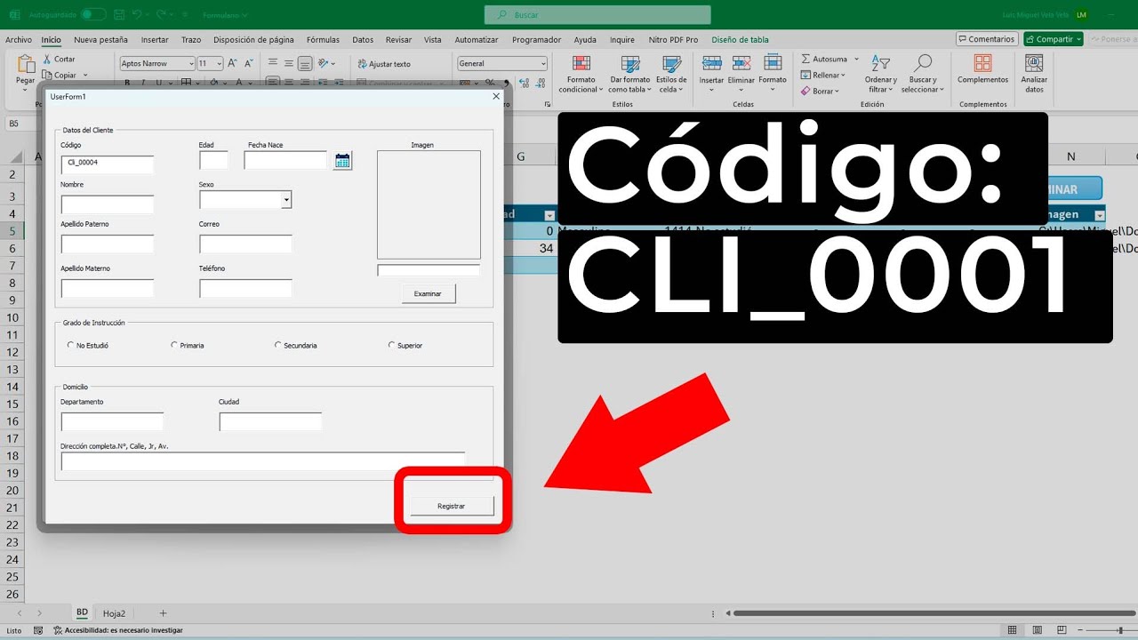 Botón Guardar para Formularios VBA  en Excel (Generar Código Cli_001)