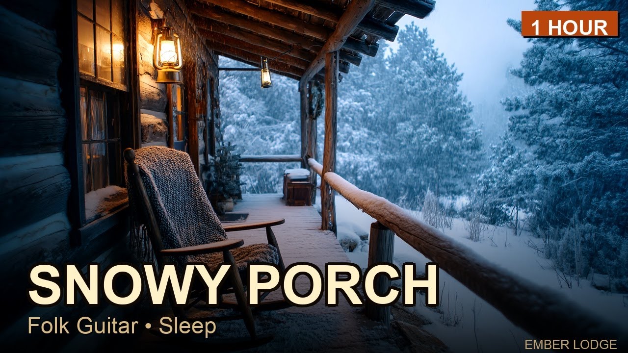 Snowy Cabin Porch — Folk Guitar & Snowfall for Deep Sleep (1 Hour)