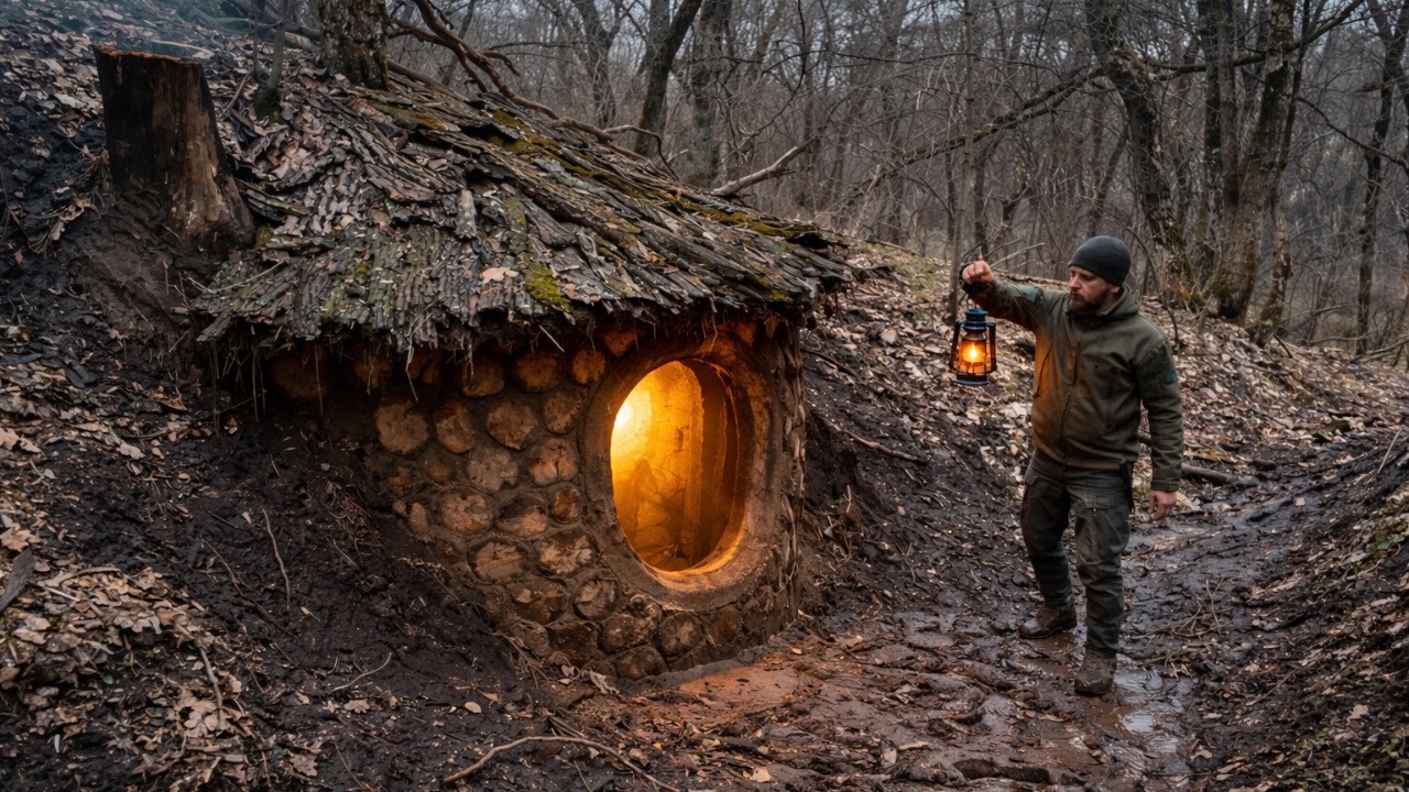 Building a Warm Secret Shelter in the Roots of a Tree. Dugout, Survival, Bushcraft