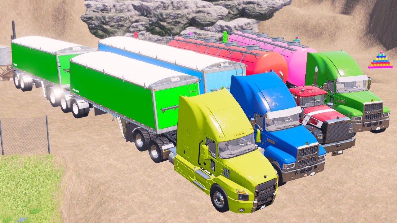 TRANSPORTING PUBLIC WORKS VEHICLES MACK TRUCK & TANKER TO GARAGE WITH ALL COLORS