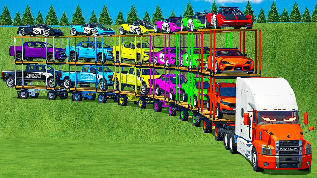 MASSIVE CONVOY TRIPLE TRAILER TRANSPORT OF COLORS! EXAUST FLAMES PAGANI, COPS FORD CREW CAB! FS 25