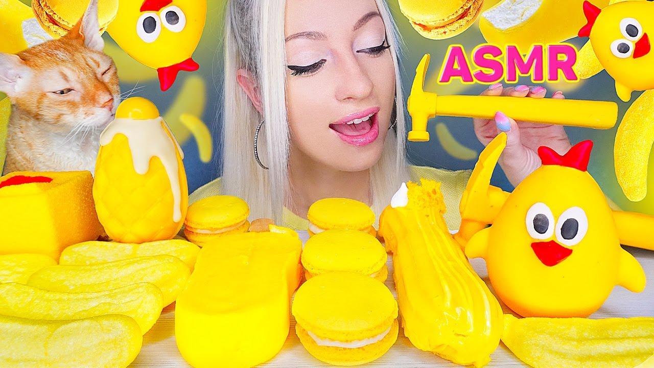 ASMR EATING YELLOW FOOD, CHOCOLATE, ICE CREAM, CAKE, 케이크, 컬러, 아이스크림 (MACAROONS, DESSERT) MUKBANG 먹방