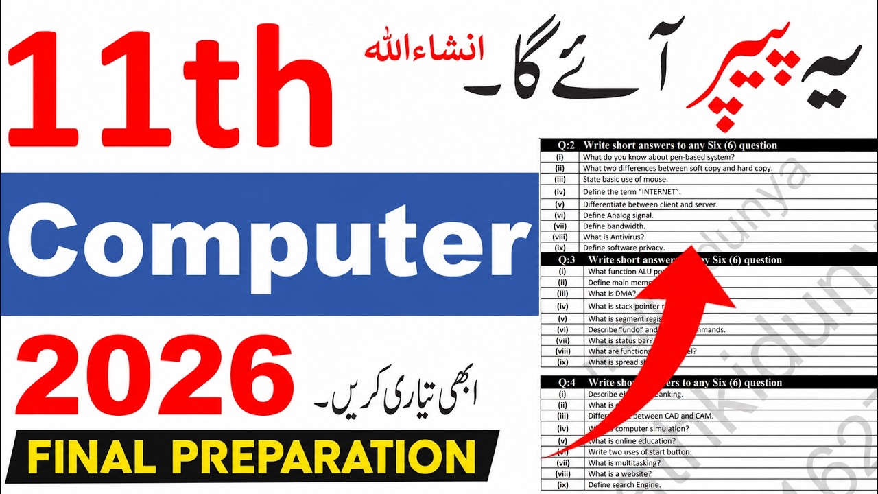 1st Year Computer Guess Paper 2026, 11th Class Computer Guess Paper 2026, Computer Guess paper 11th