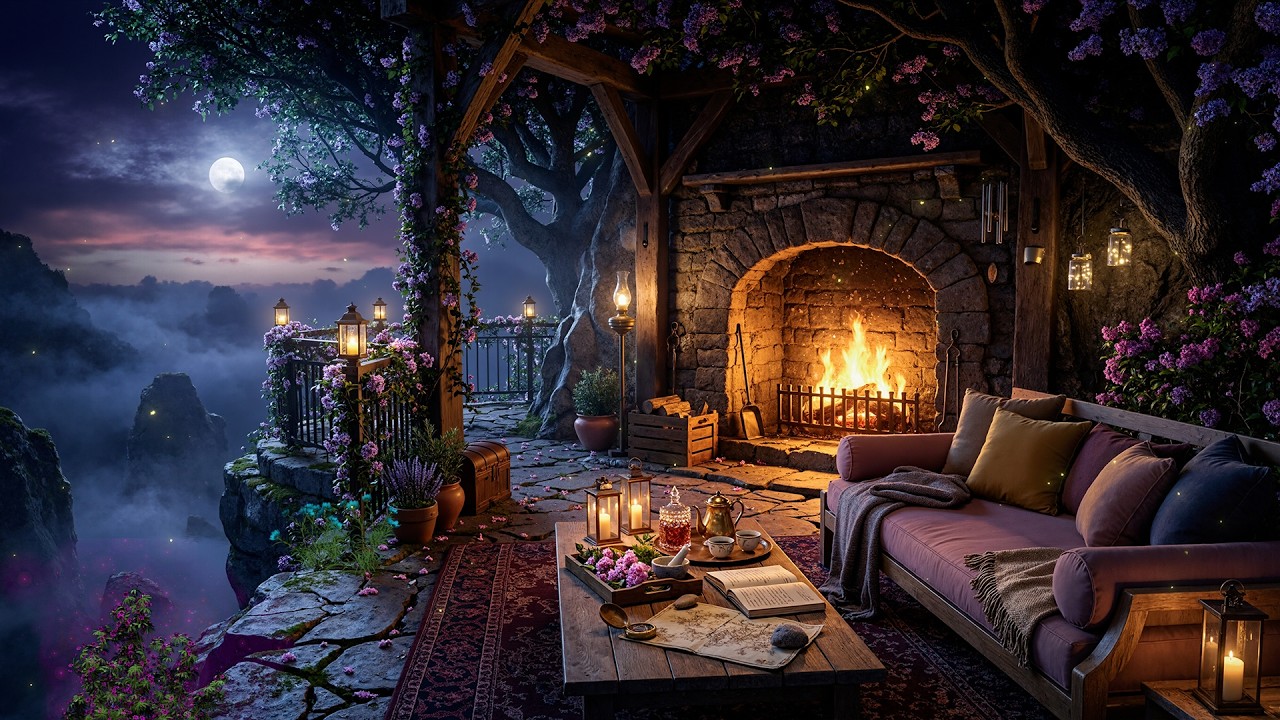 Magical Floating Sanctuary | Peaceful Balcony Above the Clouds – Fireplace & Fairy Garden Ambience
