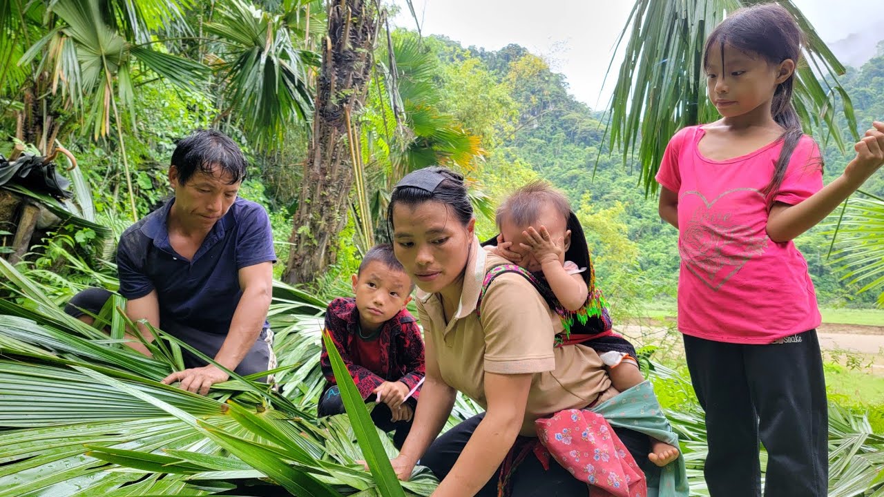 Dia and her children went with her brother to find palm leaves and make poles.