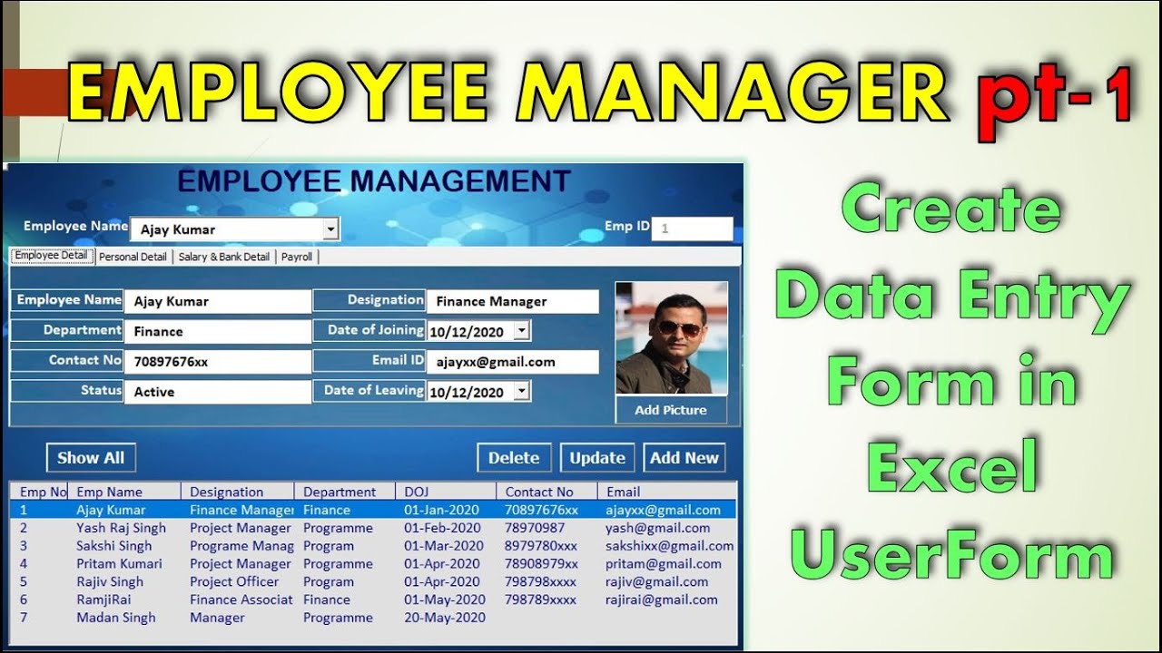 How to Create Data Entry Form in Excel User Form | Employee Management | employee management system
