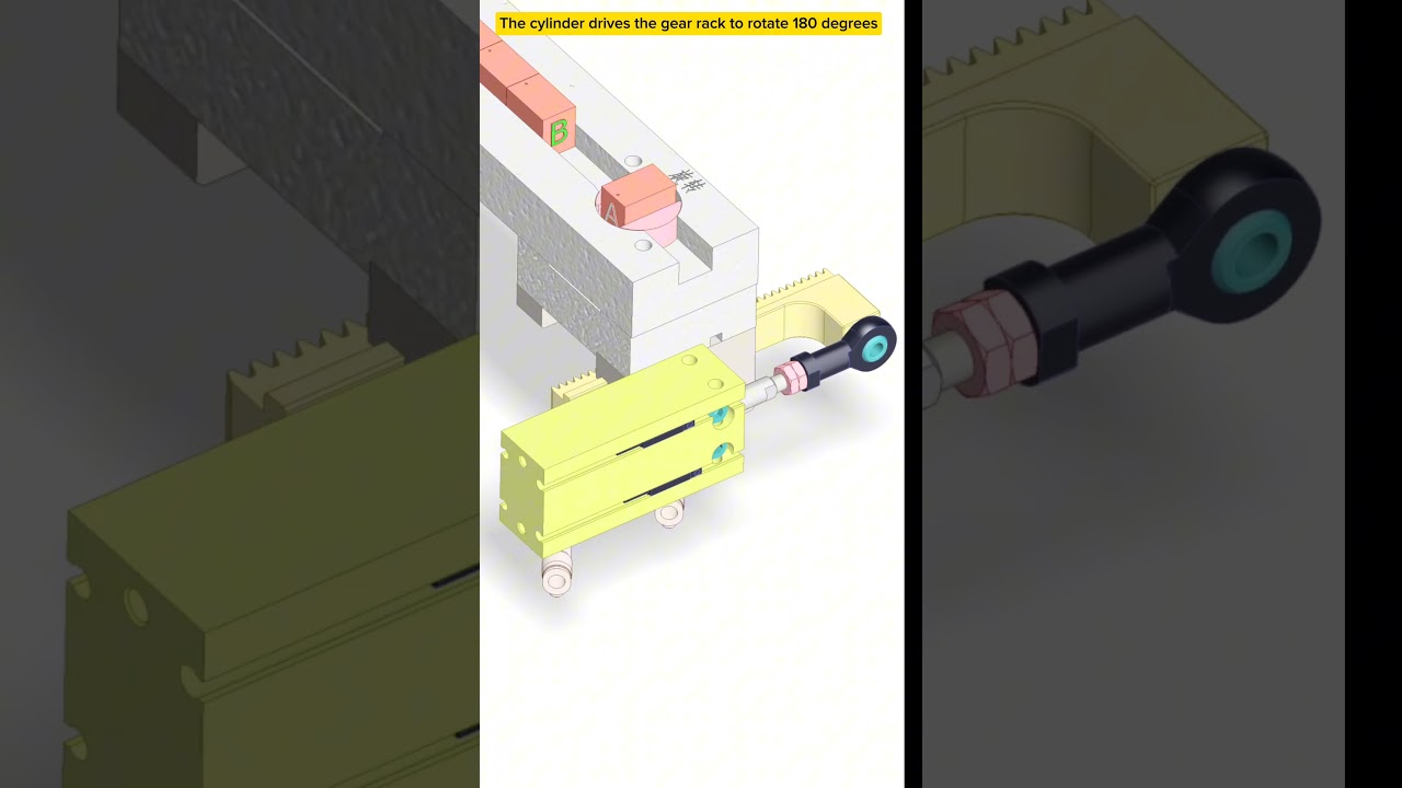 The cylinder drives the gear rack to rotate 180 degrees