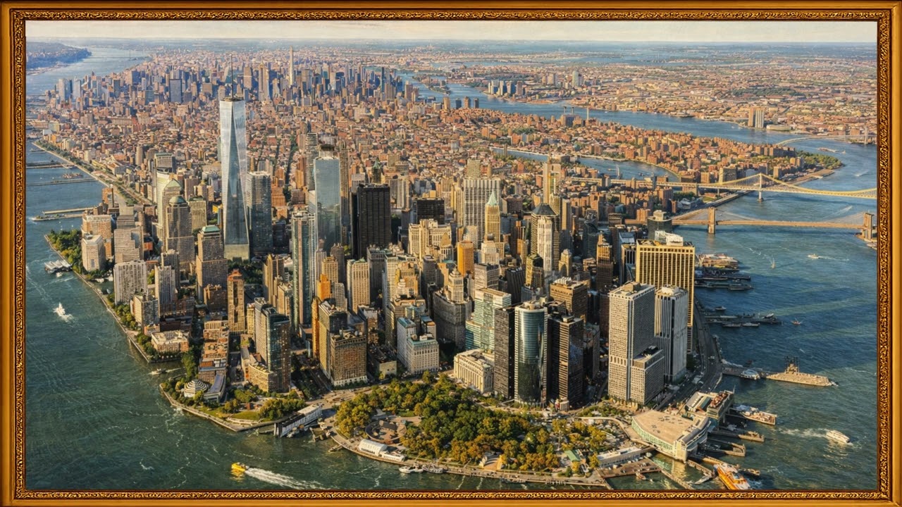 Breathtaking Aerial View of New York City | 4K Framed TV Art Screensaver