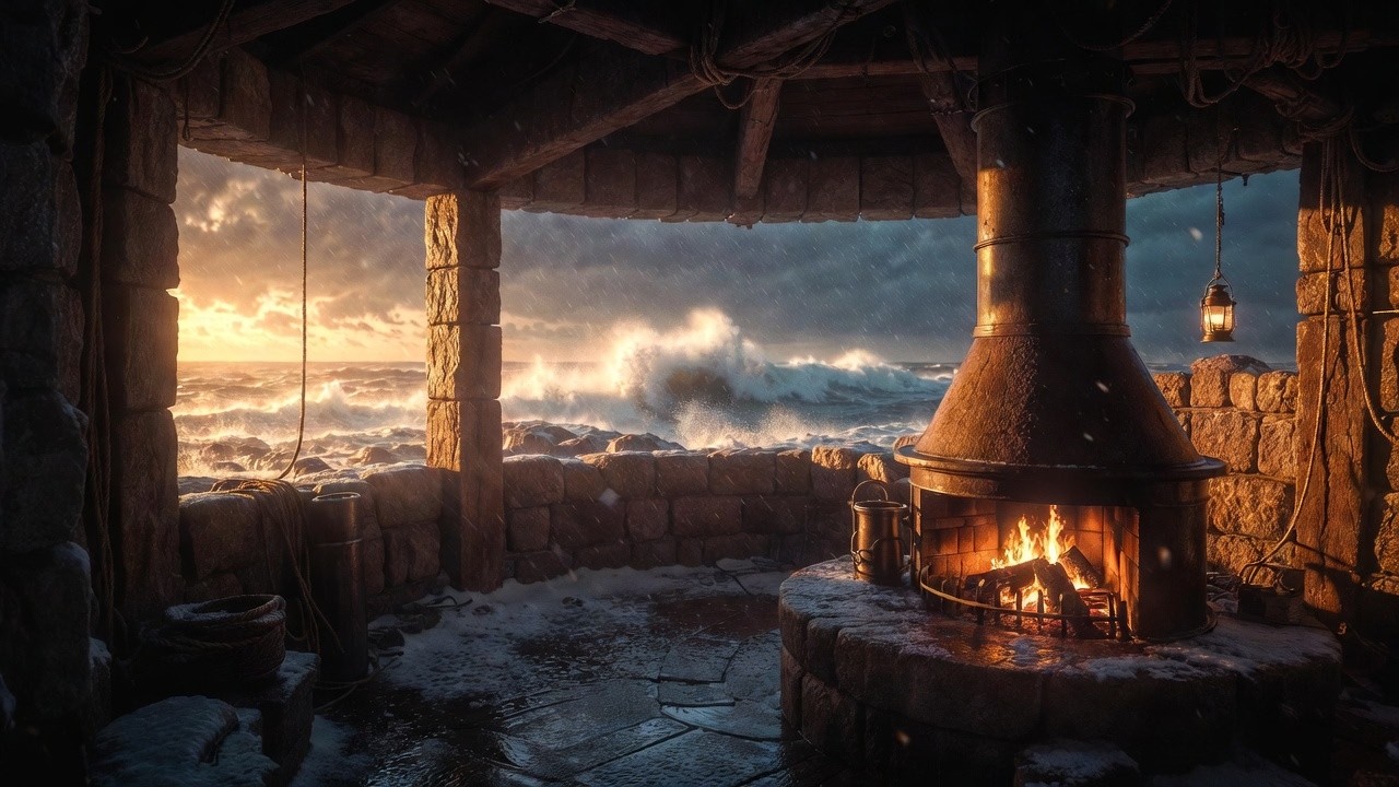 🔥 Fireplace Sounds for Relaxation | Stormy Lighthouse Night 🌊❄️