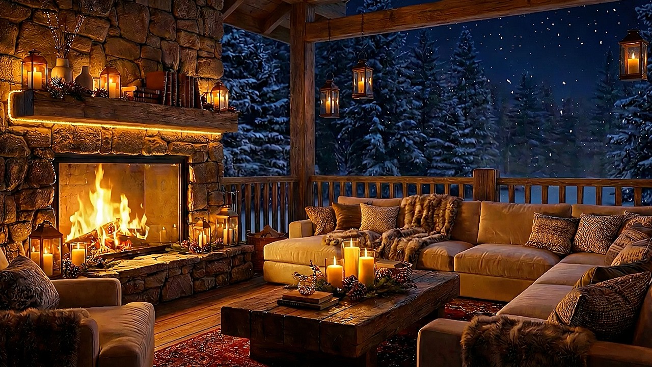 Relaxing Winter Night: Soft Jazz & Crackling Fireplace on a Cozy Porch ❄️ Snow Ambience