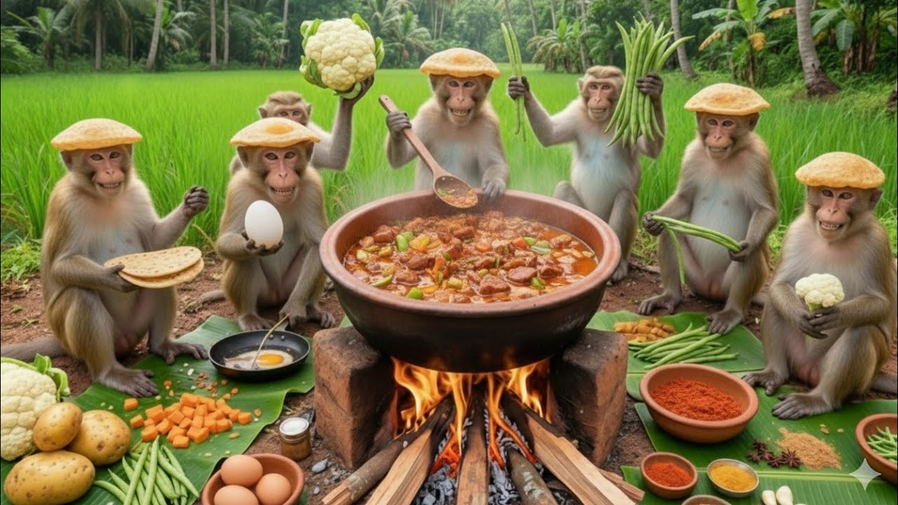Real Monkeys Cooking Food in the Jungle | Primitive Survival Documentary