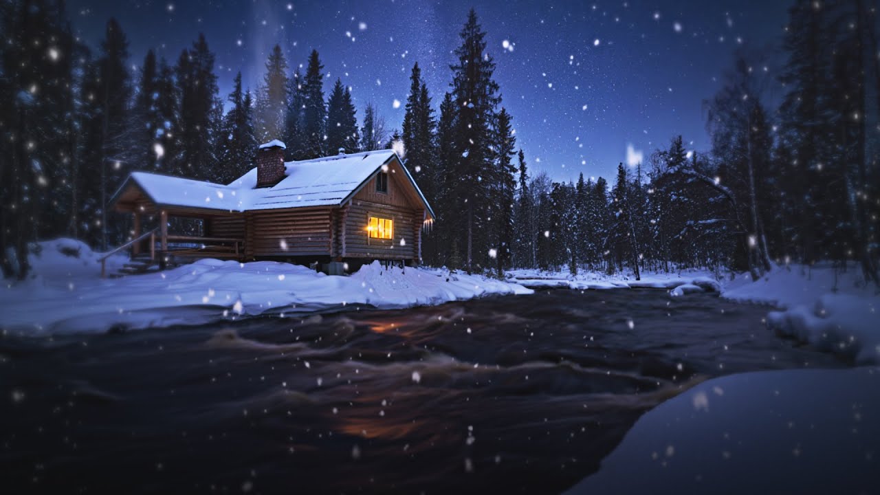A Glowing Cabin by the Winter River | Deep Piano, Violin & Night Snow for Sleep