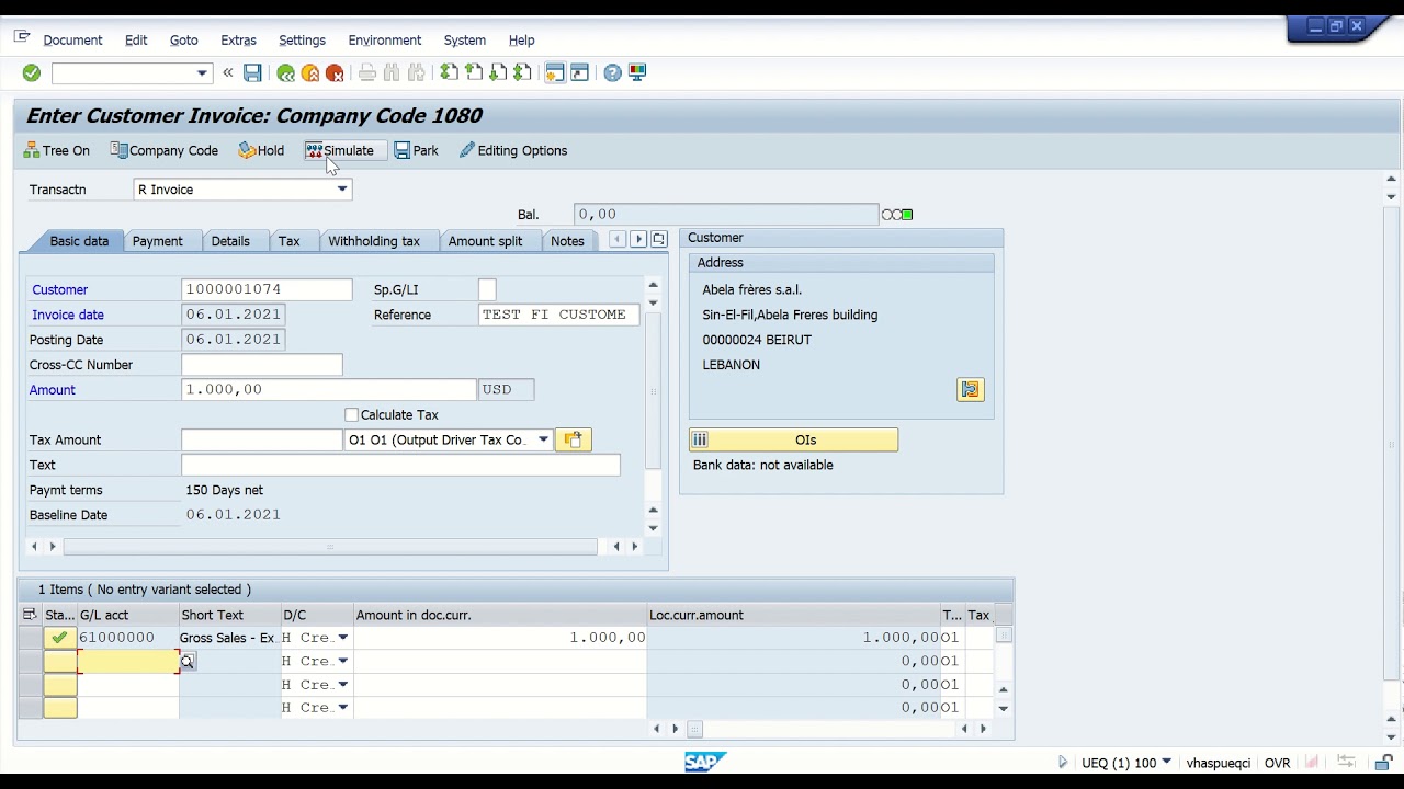 SAP Customer Invoice T-code FB70
