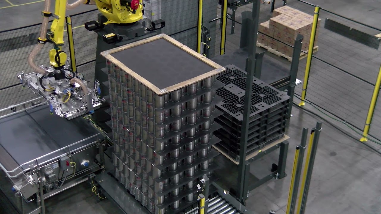 Robotic Bulk Depalletizer - Partial, Empty Vegetable Oil Cans - BW Integrated Systems