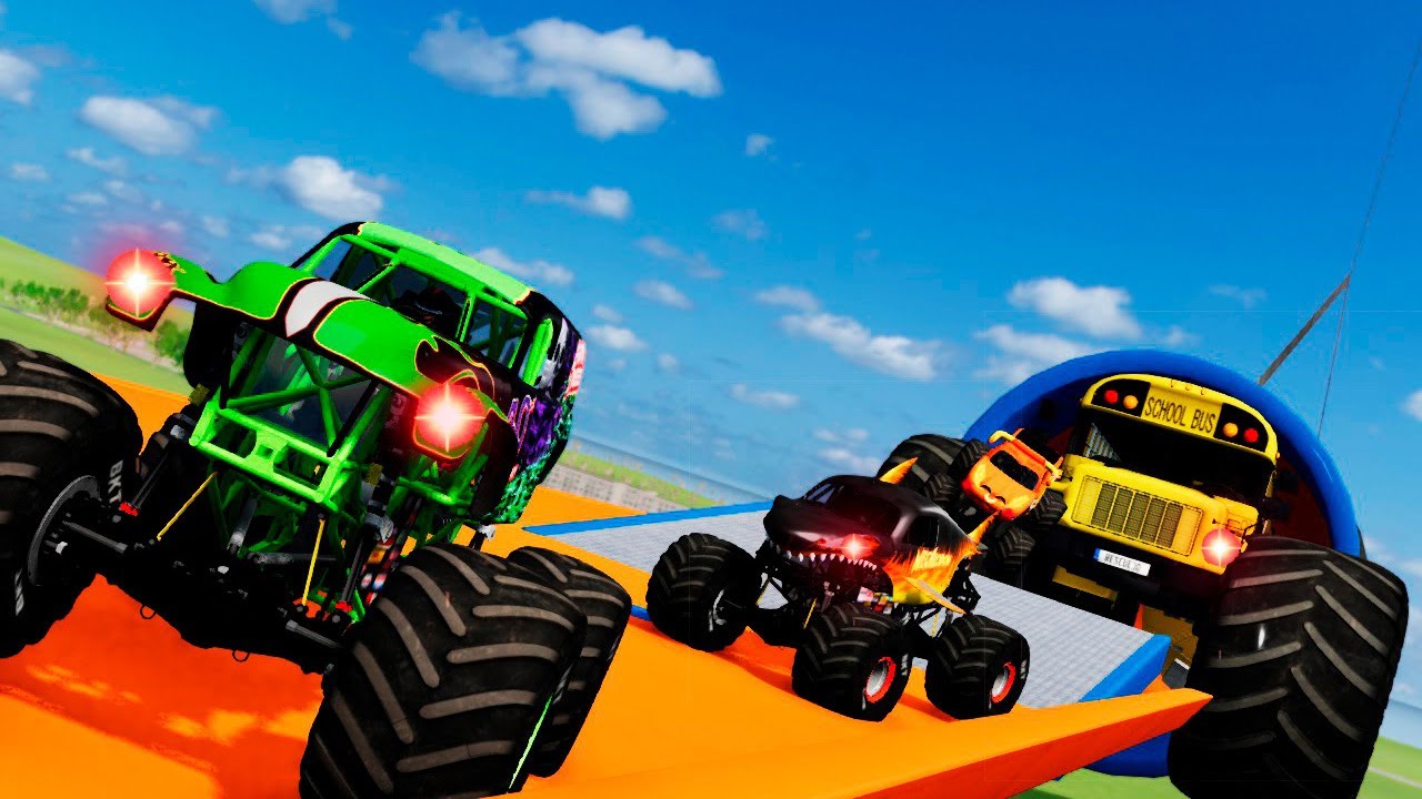 Grave Digger and MONSTER TRUCKS VS Big Ramp and RING of FIRE VS Front Impact at Different Speeds
