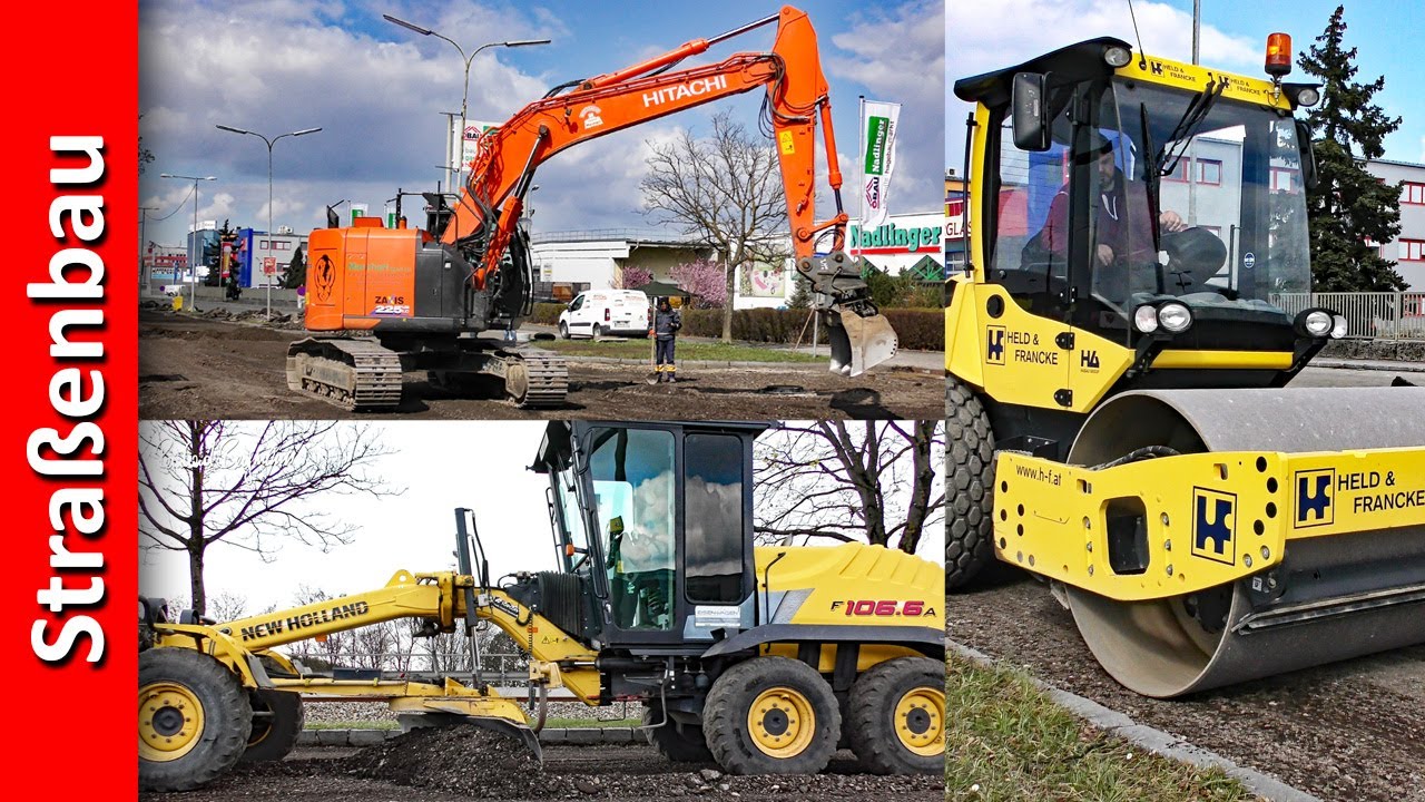 HITACHI ZX 225 Bagger, NEW HOLLAND F106.6A Grader, BOMAG BW 177 D Walze (Sanierung Porschestr. StP)