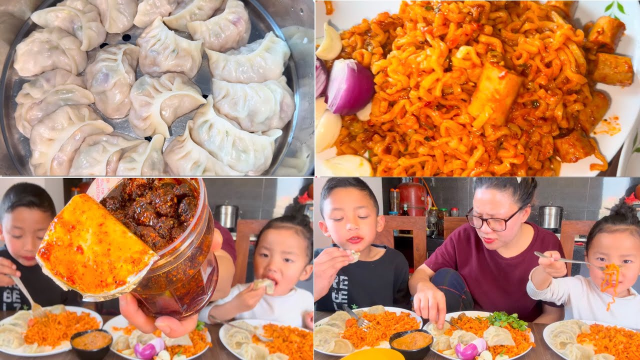 Chicken Momo, spicy noodles को साथमा आमा छोरा अनि छोरी। नानी बाबुको गफ कमाईलो भयो।