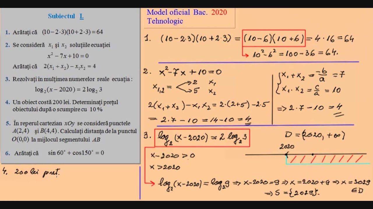 Model oficial de Bacalaureat la Matematica, 2020, Profil Tehnic