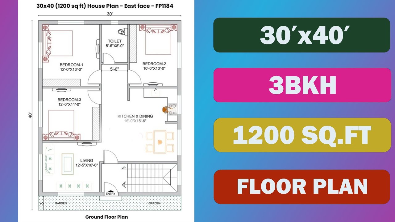 3BHK East Face House Plan (30x40) with Large Living & Dining