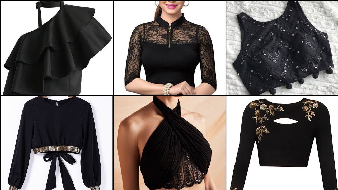 Top 50+ Latest Black Colour Crop Top Blouse Designs 2024  Black Saree Blouse Neck Designs For Girls