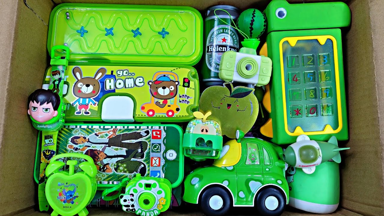 Unboxing Surprise Green Stationery 📚, Pencil box, Sharpener, Erasner, Water bottle, Desk lamp, Pouch