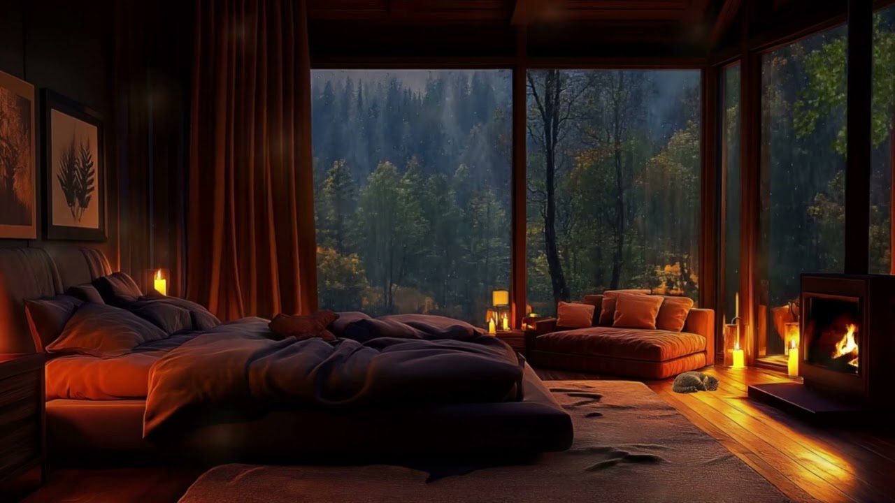 99% Fall Asleep in 5 Minutes Listening to Heavy Rain in a Cozy Cabin Fireplace Night 🌧️🔥