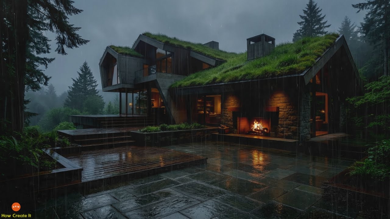 Calming Rainy Night with Fireplace and Soft Thunder for Stress Relief in a Cozy Hilltop Forest Cabin