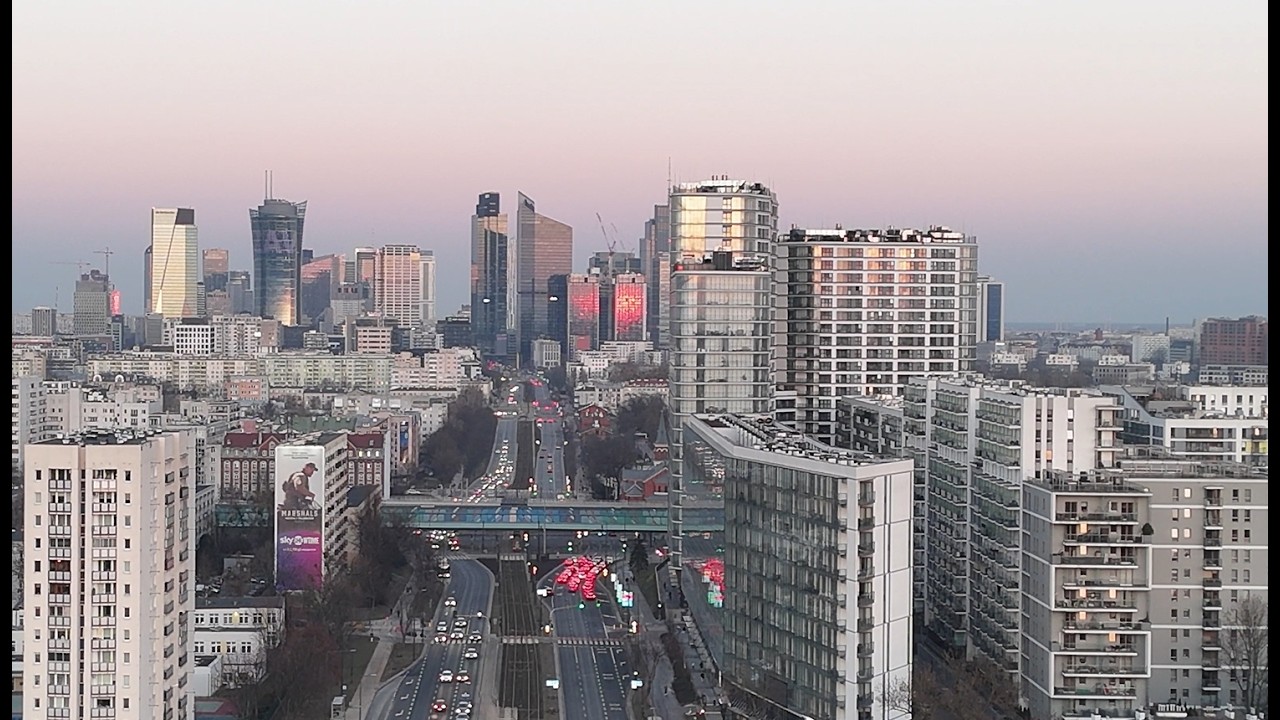 Discover_Poland_Series: Sunset Over Warsaw Downtown & Wolska Street  Drone 4K Aerial Cinematic